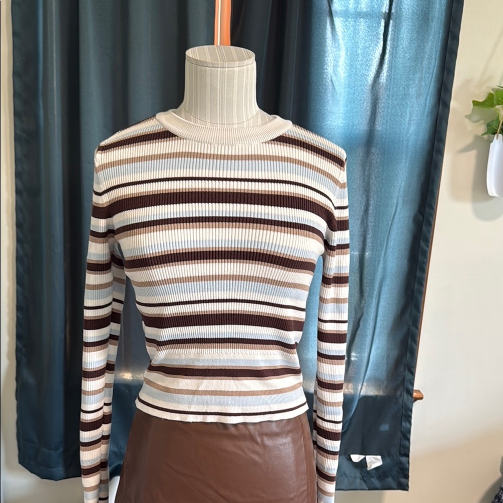 y2k garage Striped Ribbed Knit Top - Brown and Cream